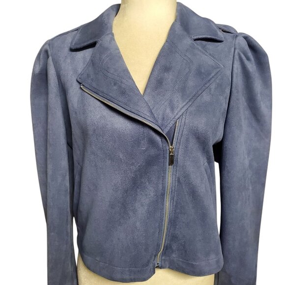 LC Lauren Conrad Soft Moto Jacket Faux Suede Blue Size Small - Picture 3 of 12